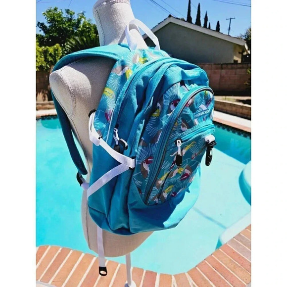 High Sierra Aqua Blue Fat Boy Toucan Tropical Over The Shoulder Logo Backpack - Picture 4 of 15